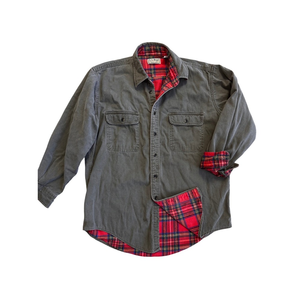 Vintage L.L.Bean Men's Flannel Lined Shirt Jacket Gray Red Plaid Made in USA‎ M